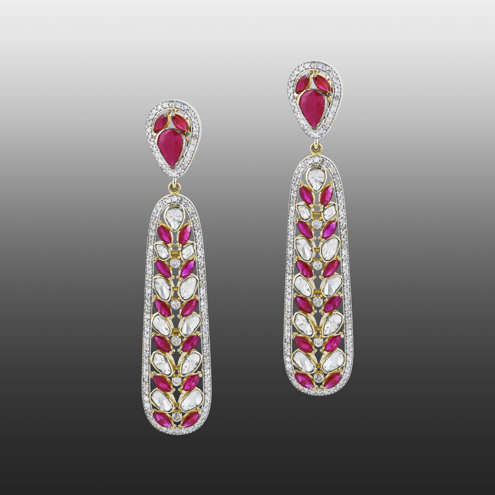 Leaf Pattern Polki Earrings with Red Cut Stone and Diamond Border